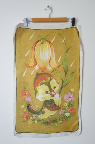 Vintage Pure Irish Linen Tea Towel,  Cute Bird & Flower