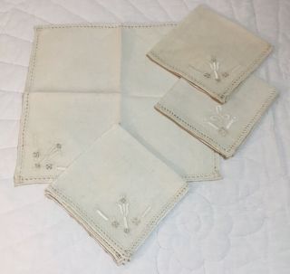 Four Vintage Cocktail Napkins,  Linen,  Very Light Beige,  Flower Cut Work