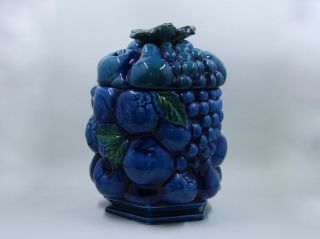 Vintage ' Mood Indigo ' Blue Ceramic Fruit Basket Medium Canister Inarco 3