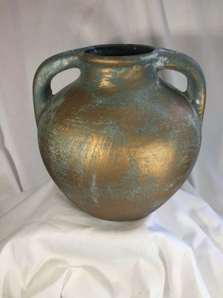 Vintage 1950s Harris Potteries Of Chicago Green Gold Ceramic Handled 7.  5 " Vase