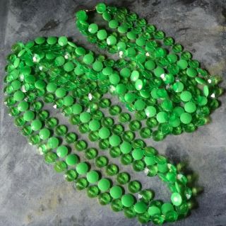 Vintage Triple Strand Bright Green Lucite Bead Long Flapper Necklace - W71