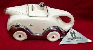 Vintage 1985 Art Deco Race Car Teapot By Sarsaparilla Ny - White And Chrome 650