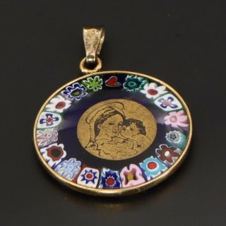 Vtg Sterling Silver - Gold Plated Mother Mary Millefiori Glass Pendant - 3g