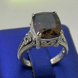 Vintage Sterling Silver.  925 Art Deco Filigree Smoky Quartz Gemstone Ring Size 7