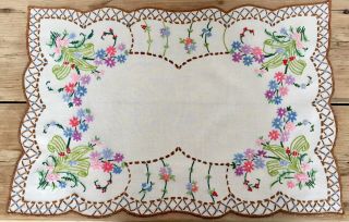 Vintage Hand Embroidered Linen Tablecloth Table Topper Stunning Garden Flowers