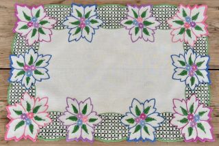 Vintage Hand Embroidered Linen Tablecloth Table Topper Stunning Vibrant Flowers