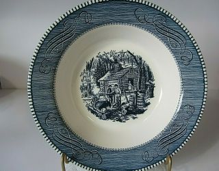 Currier & Ives Blue & White 9 " Serving Bowl,  " Maple Sugaring " Scene,  Marked Usa