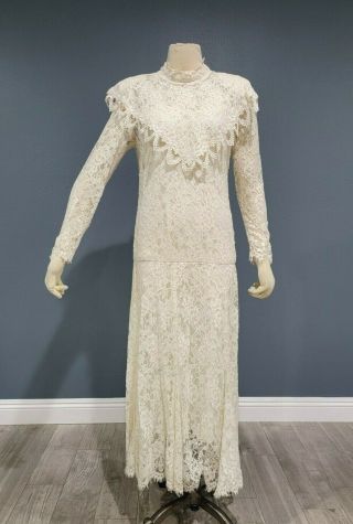 Vintage Victorian Off White Lace Maxi Wedding Dress Sz S/m