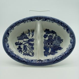 Churchill Blue Willow Stoneware Oblong Divided Serving / Vegetable Dish