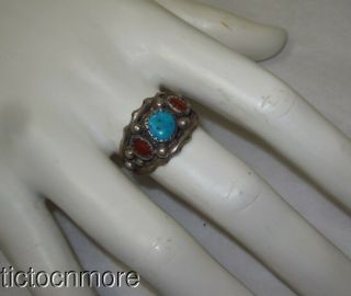 Vintage Navajo Indian Signed Etsitty Turquoise & Coral Band Sterling Silver Ring