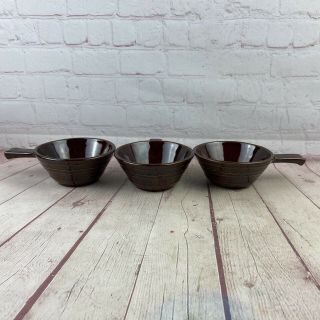 3 Vintage Marcrest Daisy Dot Pattern Brown Stoneware Soup Bowls With Handles