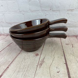3 Vintage Marcrest Daisy Dot Pattern Brown Stoneware Soup Bowls With Handles 2