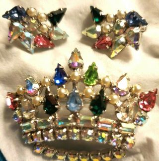 Vntg Jewels Crown Brooch & Earrings Rhinestones Jewelry Design Signed B David