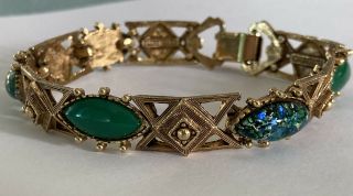 Vintage Florenza Signed Link Bracelet Faux Jade & Foil Art Glass Gold Tone 7 In.