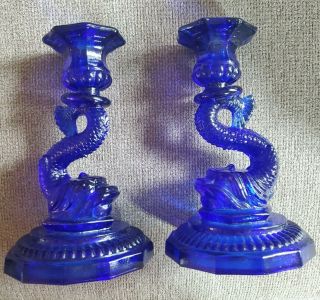 Vintage Set Of 2 Cobalt Blue Glass Candle Holders 8 " Tall