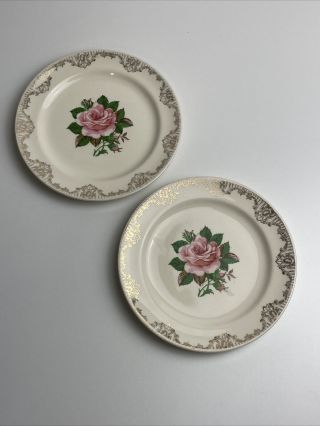 Set Of Two Paden City Pottery 6.  5” American Rose Plates 22k Gold - (d3)