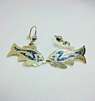 Vintage Mexican Sterling Silver Turquoise Stone Inlay Fish Pierced Drop Earrings
