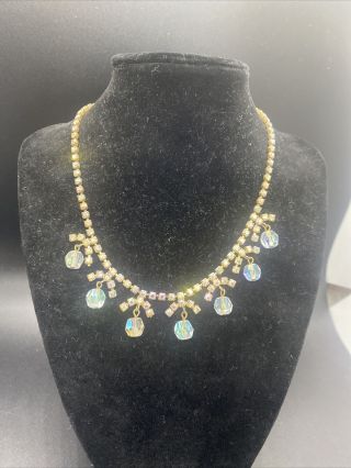 Vintage Aurora Borealis Rhinestone Dangling Bead Choker Necklace