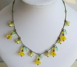 Vintage Czech Art Deco Style Yellow/green/orange Bell Flower Beaded Necklace