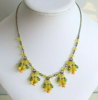 Vintage Czech Art Deco Style Yellow/green Bell Flower Beaded Necklace