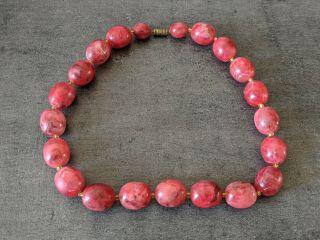 Vintage Mid Century Ladies Pinkish Red Bead Necklace Brass Cylinder Screw Clasp