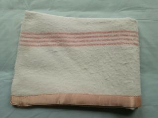 Vintage Baby Cot Blanket White Wool Pink Stripe Satin Binding
