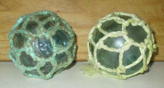 2 Antique Vintage Japanese Fishing Float Buoy Glass Balls With Ropes - 3 1/4 " Wide