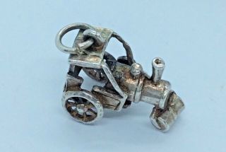 Solid Silver Charm Vintage " Steam Roller " With Moving Parts.