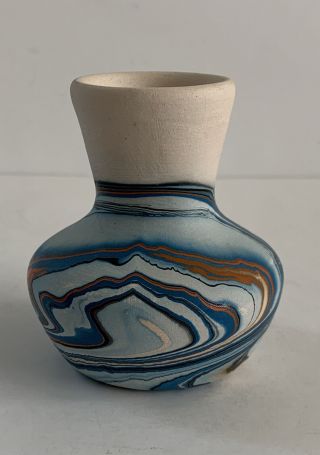 Nemadji Indian River Pottery Small Vase Earthen Blue Brown Swirls Usa 3 1/4”