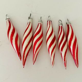 Vintage Blown Glass Christmas Ornaments Set Of 6 Candy Cane Stripe Teardrops 3”