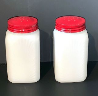 Vintage Milk Glass Shaker Salt Pepper Sugar With Red Lid,