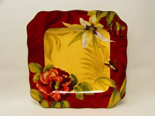 Belize By 222 Fifth Square Dinner Plate Red White Floral Yellow Scalloped L235
