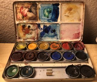 Vintage Marabu Water Color Paint Set Compartment Tin Dried Colors Germany