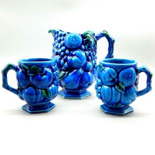 Inarco Mood Indigo Blue Majolica Fruit Pitcher & 2 Mugs Blue & Green Colors