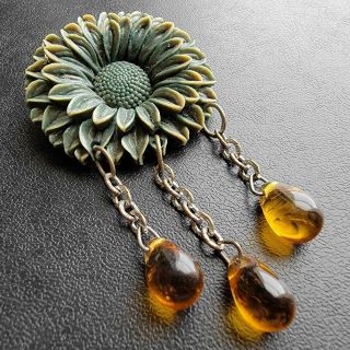 Vintage Art Deco Green Celluloid Flower Amber Glass Dangle Brooch Pin 29