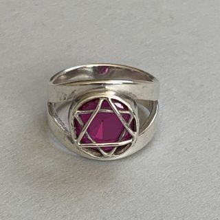 Vintage Solid Silver Star Of David Ring Ruby Glass Size M.  5