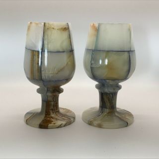 Vintage Onyx Alabaster Marble Stone Wine Goblets Set Of 2