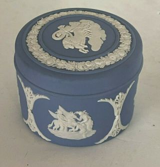 Vintage Blue Jasperware Wedgewood Trinket Box Chariot Round