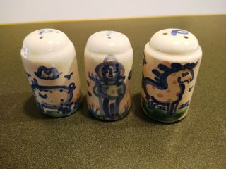 M A Hadley Stoneware Pottery Hand Painted Set Of 3 Pepper Shakers Vintage