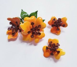 Vintage Enamel Flower Floral Brooch Earrings Orange Tone