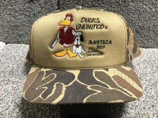 Vintage Ducks Unlimited John Baron Camo Snapback Mesh Trucker Hat Cap 1989