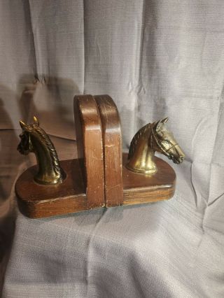 Large Pair Vintage Horse Head & Wood Bookends Brass Plate