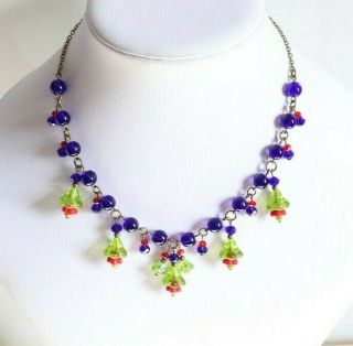 Vintage Art Deco Style Green/blue/red Bell Flower Necklace