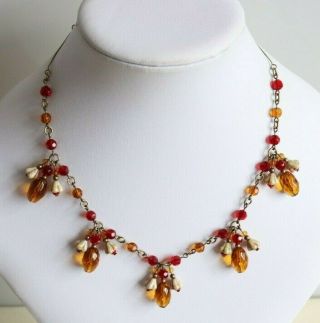 Vintage Czech Art Deco Style Amber And Red Flower Necklace
