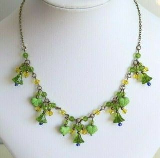 Vintage Art Deco Style Green/blue/yellow Bell Flower Glass Necklace