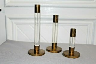 3 Vtg Mid Century Modern Lucite And Brass Candlestick Holders Retro