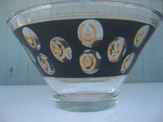 Vtg Mid - Century G.  Reeves Black & Gold Crown Laurel Leaf Glass Chip & Dip Set 3