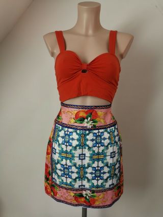 Vintage Zara Portuguese Tile Quilted Orange Peach Fruit Floral Print Mini Skirt