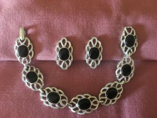 Vintage Sarah Coventry Demi Bracelet & Earring Set " Black Reflections " 1972