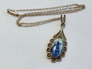 Vintage Sterling Silver Delft Pendant On A 16 " Sterling Silver Chain
